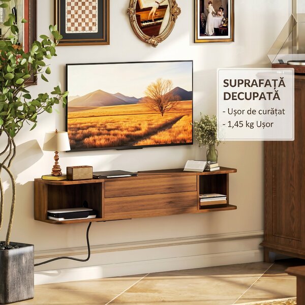 HOMCOM Suport TV suspendat până la 50" cu prize de curent, USB și tip C, sertar și rafturi, 120x24x22.4 cm, Nuc | Aosom Romania