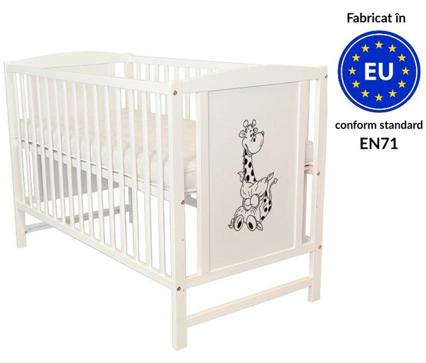 Patut din lemn masiv 120x60 cm Bria alb si saltea antialergica cu ventilatie Air 120x60x10 cm, reglabil pe 3 nivele, certificat EN71