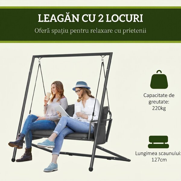 Outsunny Leagăn de Grădină cu 2 Locuri, Perne și Buzunare, Balansoar Exterior din Oțel și Textile, 168x117x181 cm, Gri Închis | Aosom Romania