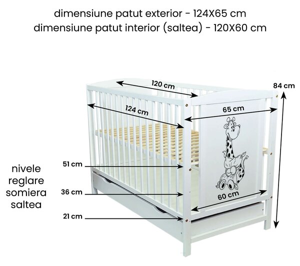 Patut din lemn masiv 120x60 cm Bria alb cu sertar, roti si saltea cocos LUX 120x60x12 cm, reglabil pe 3 nivele, certificat EN71