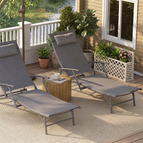 Outsunny Set de 2 Șezlonguri Pliante, Ajustabile în 4 Poziții cu Cotiere și Perne, 64x154x87 cm, Gri | Aosom Romania