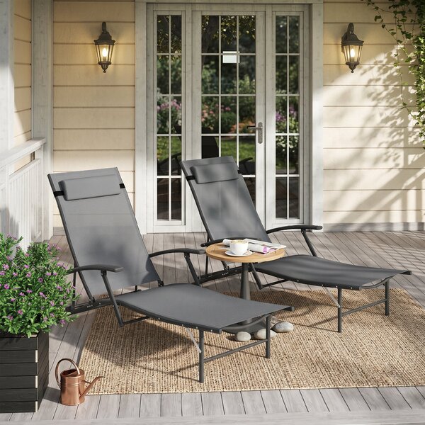 Outsunny Set de 2 Șezlonguri Pliante, Ajustabile în 4 Poziții cu Cotiere și Perne, 64x154x87 cm, Gri | Aosom Romania