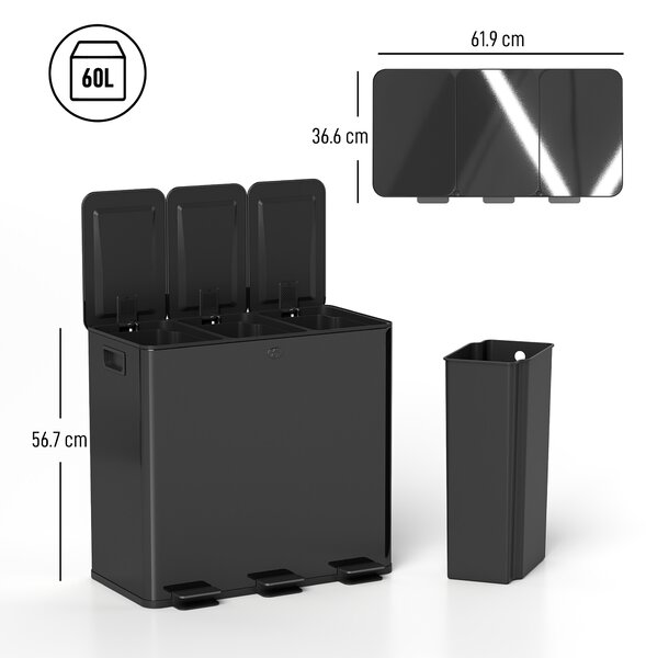 HOMCOM Coș de Gunoi cu 3 Secțiuni de 20L cu Pedală și 2 Capace cu Închidere Silențioasă, Coș de Gunoi din Oțel Inoxidabil și PP, 61.9x36.6x56.7 cm, Negru | Aosom Romania