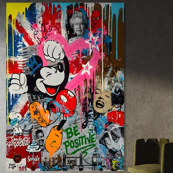 Tablou Canvas Premium LuxCanva® B1068, Be Positive , Decorativ, Birou, Mickey Mouse, Marilyn Monroe, Spider Man, Regina Elisabeta a II-a, Culori Vibrante