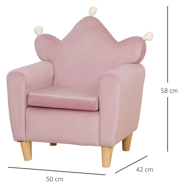 HOMCOM Fotoliu pentru Copii din Material Textil cu Efect de Catifea Roz, cu Spătar în Formă de Coroană, 50.2x41.9x57.8 cm | Aosom Romania