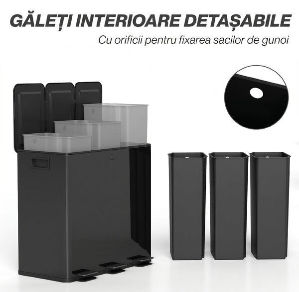 HOMCOM Coș de Gunoi cu 3 Secțiuni de 20L cu Pedală și 2 Capace cu Închidere Silențioasă, Coș de Gunoi din Oțel Inoxidabil și PP, 61.9x36.6x56.7 cm, Negru | Aosom Romania