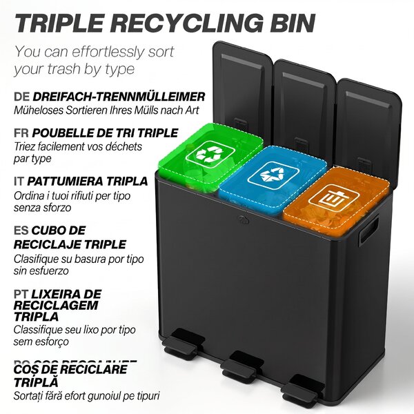 HOMCOM Coș de Gunoi cu 3 Secțiuni de 20L cu Pedală și 2 Capace cu Închidere Silențioasă, Coș de Gunoi din Oțel Inoxidabil și PP, 61.9x36.6x56.7 cm, Negru | Aosom Romania
