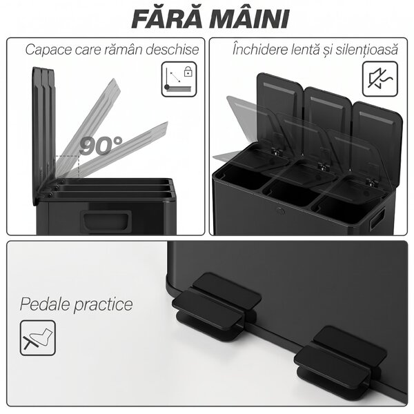 HOMCOM Coș de Gunoi cu 3 Secțiuni de 20L cu Pedală și 2 Capace cu Închidere Silențioasă, Coș de Gunoi din Oțel Inoxidabil și PP, 61.9x36.6x56.7 cm, Negru | Aosom Romania