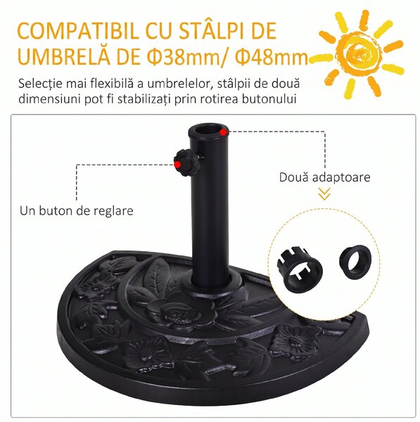 Outsunny Bază pentru Umbrelă Semicirculară de Ø38 mm si Ø48 mm cu Manivelă, 50x31x32 cm, Negru | Aosom Romania