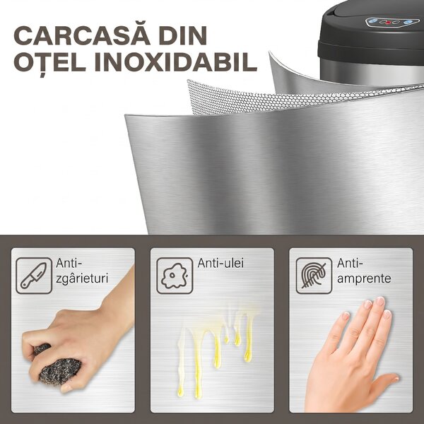 Coș de gunoi HOMCOM de 42L cu Senzor de Mișcare și Deschidere Automată, din Oțel Inoxidabil și ABS, 30.5x30.5x68 cm, Negru și Argintiu | Aosom Romania