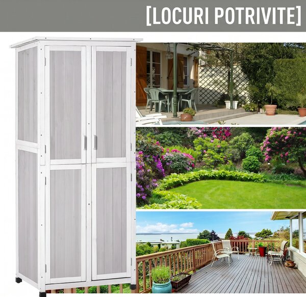 Outsunny Magazie Unelte Lemn Brad 3 Niveluri, Acoperiș Bitum Impermeabil, Cu Cârlige, 77x58x175cm, Gri | Aosom Romania