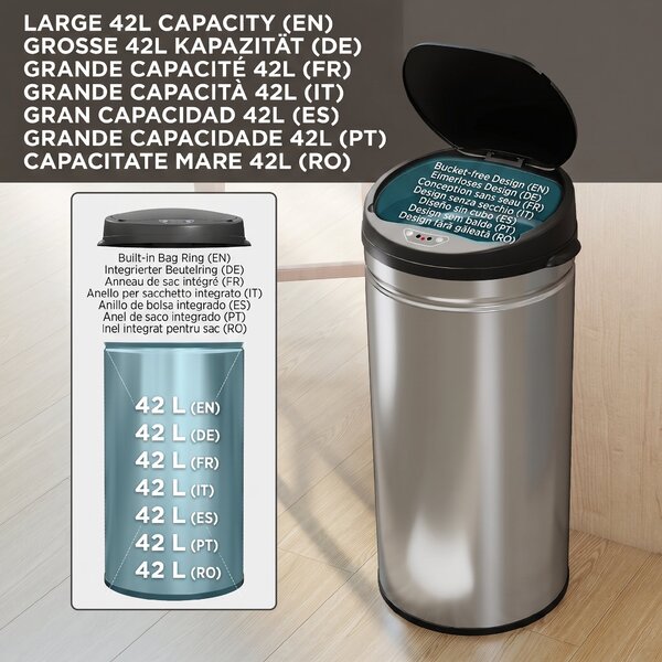 Coș de gunoi HOMCOM de 42L cu Senzor de Mișcare și Deschidere Automată, din Oțel Inoxidabil și ABS, 30.5x30.5x68 cm, Negru și Argintiu | Aosom Romania
