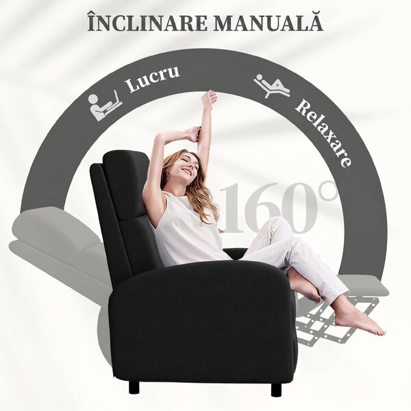 HOMCOM Fotoliu Relax Rabatabil Manual 160° cu Suport pentru Picioare, Fotoliu Ergonomic Tapițat cu Aspect de In pentru Dormitor, Birou, Living și Sufragerie, Negru | Aosom Romania
