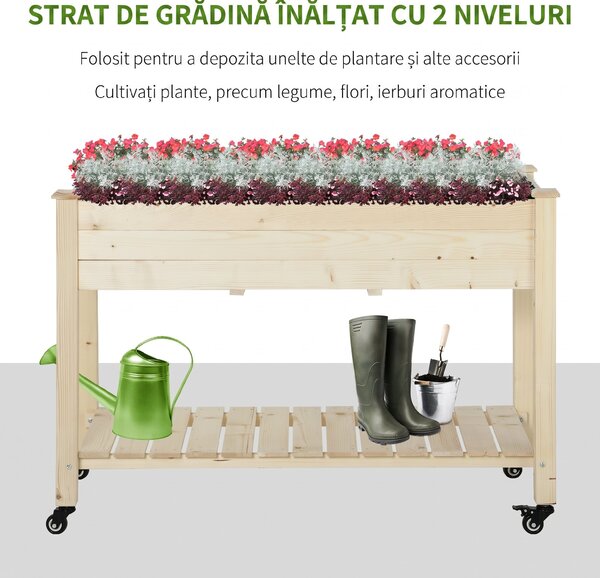 Outsunny Pat Grădină Legume Înălțat Lemn cu Roți, Jardiniera Înălțată cu Raft Inferior, 118x55x83cm, Natural | Aosom Romania