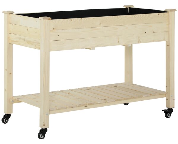 Outsunny Pat Grădină Legume Înălțat Lemn cu Roți, Jardiniera Înălțată cu Raft Inferior, 118x55x83cm, Natural | Aosom Romania