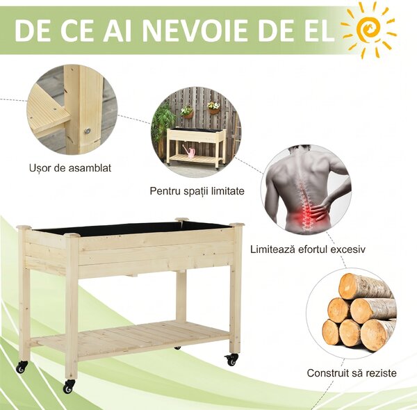 Outsunny Pat Grădină Legume Înălțat Lemn cu Roți, Jardiniera Înălțată cu Raft Inferior, 118x55x83cm, Natural | Aosom Romania