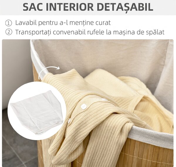 HOMCOM Coș de Rufe din Bambus cu Capac, Design Triunghiular Economisitor de Spațiu, 38x38x57 cm, Culoare Lemn | Aosom Romania