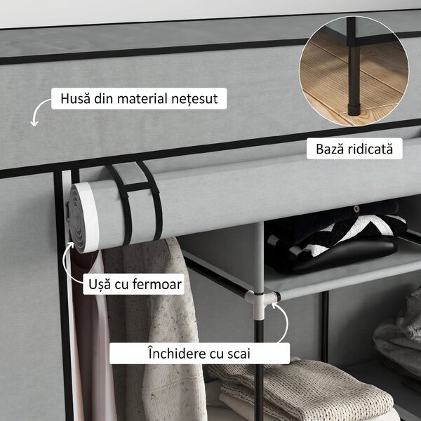 HOMCOM Dulap Portabil din Material Textil și Oțel, Garderobă cu 10 Rafturi, 4 Sertare și 2 Bare, 166x42,5x169,5 cm, Gri | Aosom Romania