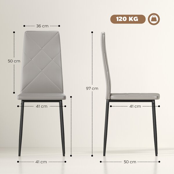 HOMCOM Set de 6 Scaune de Sufragerie, cu Spătar Înalt cu Cusături Tip Romb din Piele Ecologică și Oțel, 41x50x97 cm, Gri | Aosom Romania