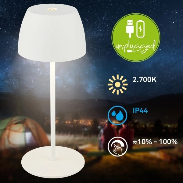 Briloner - Lampă de masă LED MINI, dimabilă, reîncărcabilă, cu control tactil, pentru exterior, LED/2,5W/5V IP44 1800 mAh alb