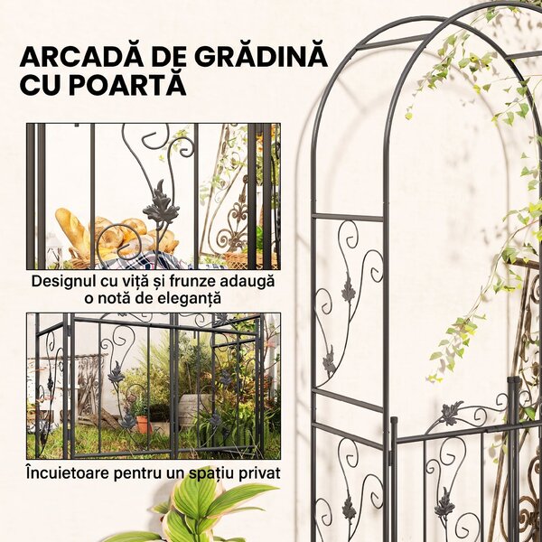 Outsunny Arc de Grădină cu Poartă și Grilaj pentru Plante Cățărătoare, 2,2x1 m, Negru | Aosom Romania