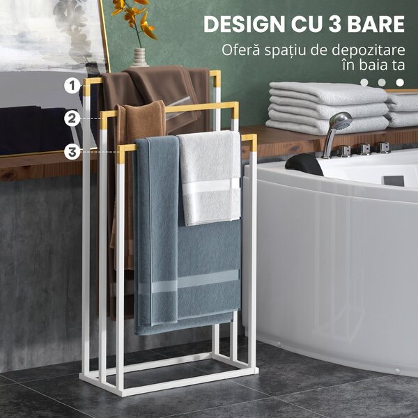 Kleankin Suport pentru Prosoape din Bambus și Oțel cu Design Independent, 45x22.5x86 cm, Alb | Aosom Romania