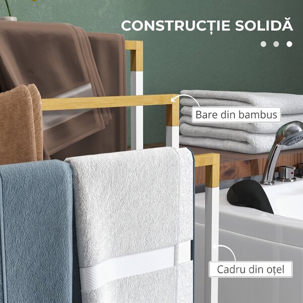 Kleankin Suport pentru Prosoape din Bambus și Oțel cu Design Independent, 45x22.5x86 cm, Alb | Aosom Romania