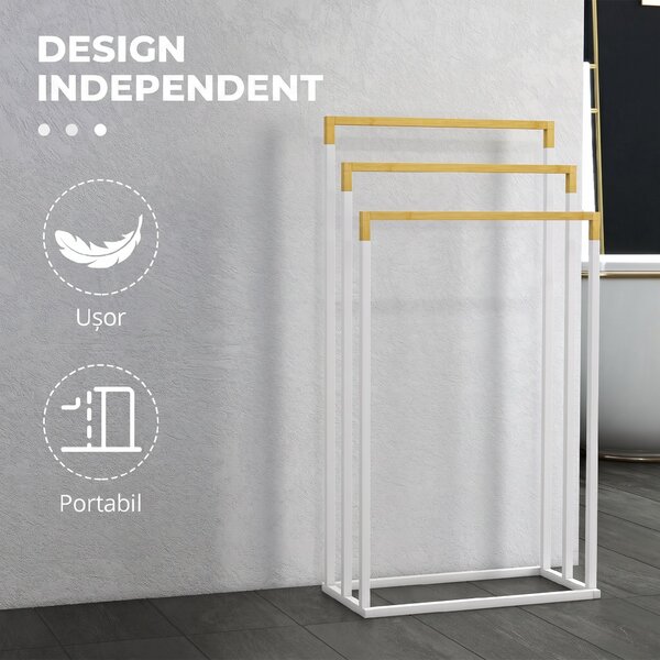 Kleankin Suport pentru Prosoape din Bambus și Oțel cu Design Independent, 45x22.5x86 cm, Alb | Aosom Romania