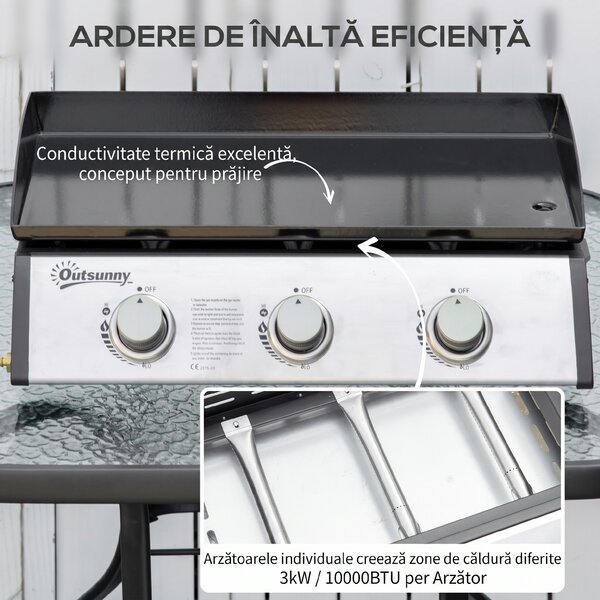 Gratar Plita pe Gaz Outsunny, 3 Arzatoare, Otel Inoxidabil, 9kW, Antiaderent| Aosom RO | Aosom Romania