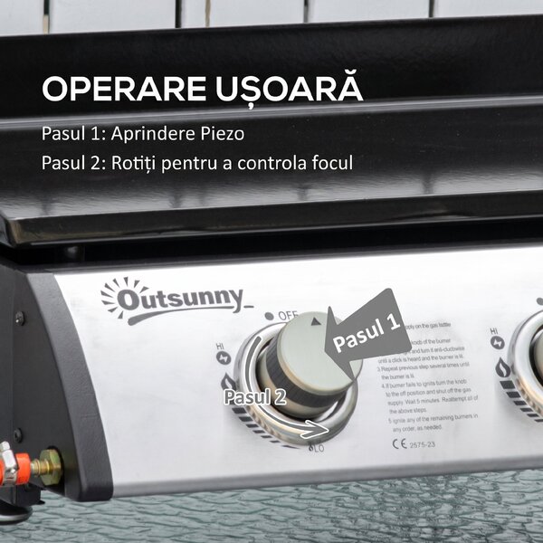 Gratar Plita pe Gaz Outsunny, 3 Arzatoare, Otel Inoxidabil, 9kW, Antiaderent| Aosom RO | Aosom Romania