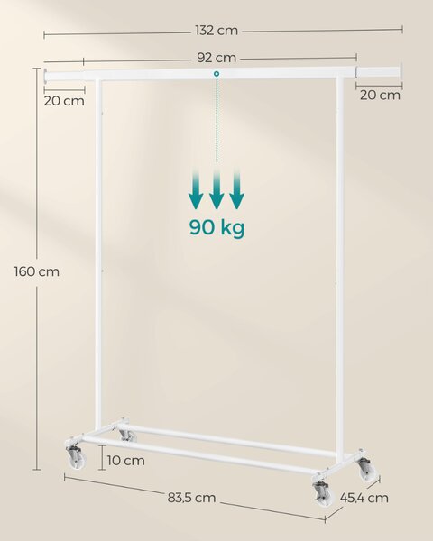 Suport pentru haine INEZ cu roți, max.90kg, 83,5x45x160cm, alb SongmicsHome