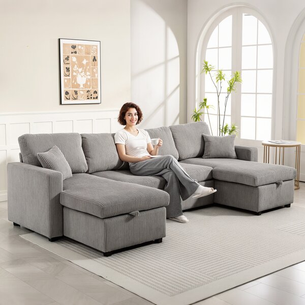 HOMCOM Canapea Extensibilă Modernă în Formă de U și Spații de Depozitare, Catifea Reiată, 282x140x86 cm, Gri | Aosom Romania
