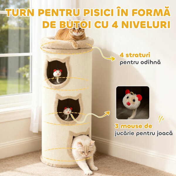 PawHut Turn de zgâriet pentru pisici de 96 cm înălțime, cu 3 căsuțe și un culcuș superior detașabil și lavabil, crem | Aosom Romania