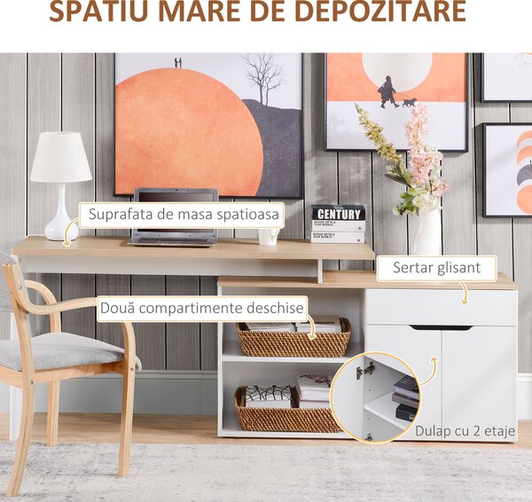 HOMCOM Birou cu Blat Extensibil pentru PC și Bibliotecă, 140x117x76 cm, Alb | Aosom Romania