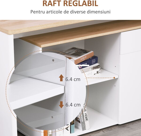 HOMCOM Birou cu Blat Extensibil pentru PC și Bibliotecă, 140x117x76 cm, Alb | Aosom Romania
