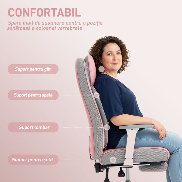 HOMCOM Scaun de birou ergonomic cu brațe reglabile, suport pentru picioare și tetieră, roz | Aosom Romania
