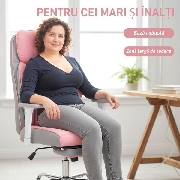 HOMCOM Scaun de birou ergonomic cu brațe reglabile, suport pentru picioare și tetieră, roz | Aosom Romania