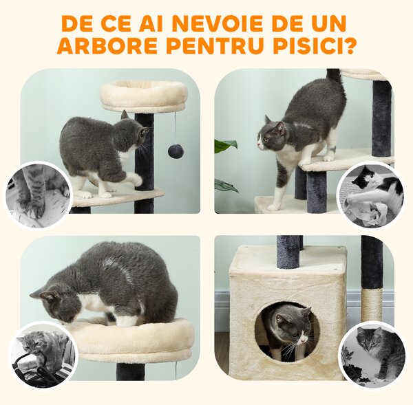PawHut Arbore zgârietor pentru pisici, înalt de 92 cm, cu căsuță, culcuș, stâlpi din sisal și bila, crem alb | Aosom Romania