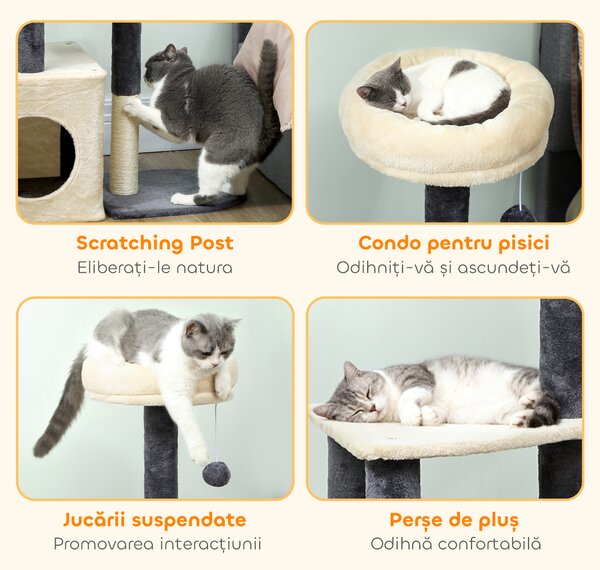 PawHut Arbore zgârietor pentru pisici, înalt de 92 cm, cu căsuță, culcuș, stâlpi din sisal și bila, crem alb | Aosom Romania