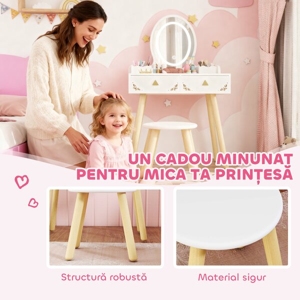 AIYAPLAY Set Măsuță și Scaun pentru Copii cu Oglindă cu Lumini LED în 3 Culori, Sertar, Cutii de Depozitare, pentru 3+ Ani, Alb | Aosom Romania