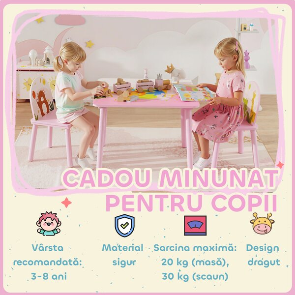 AIYAPLAY Măsuță și 2 scaune pentru copii 3-8 ani cu margini rotunjite, Roz | Aosom Romania