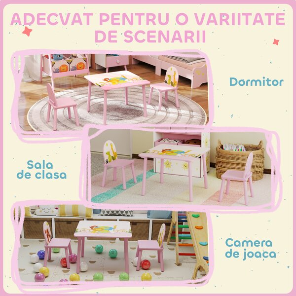 AIYAPLAY Măsuță și 2 scaune pentru copii 3-8 ani cu margini rotunjite, Roz | Aosom Romania