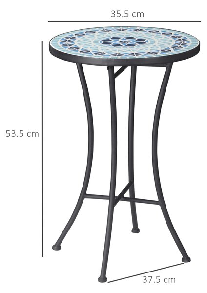 Masuta de Gradina din Metal Outsunny cu Blat din Ceramica, Design Mozaic, Albastru Ф35,5x53,5cm | Aosom Romania