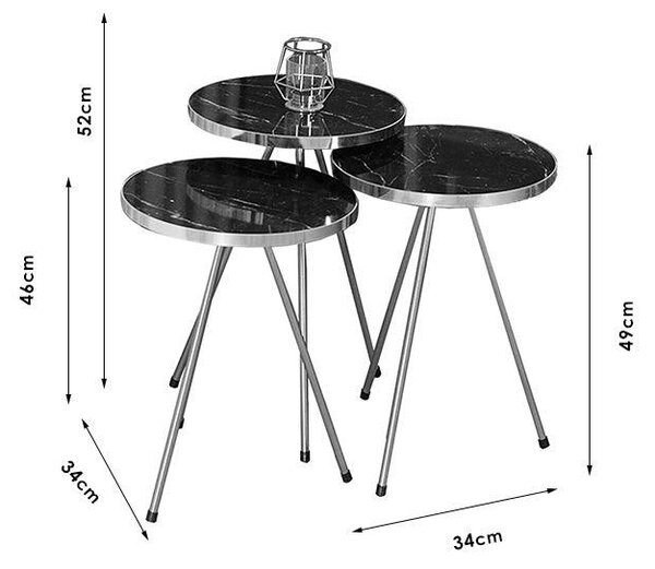Masuțe Weber, set de 3 piese, Negru - Alb, 34x34x52 cm