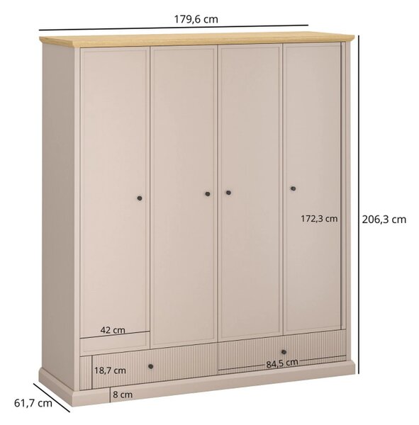 Dulap haine cu rafturi si sertare IDELLO, taupe/stejar, PAL, 180x62x20