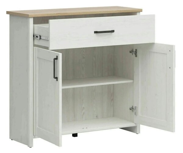 Comoda LOKSA, pin alb/stejar grandson, PAL laminat, 102x38x99 cm