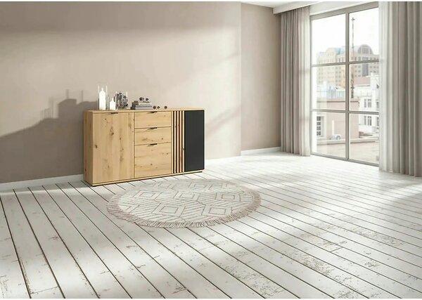 Comoda VABRES, stejar artisan/negru mat, PAL laminat, 151x40x87 cm