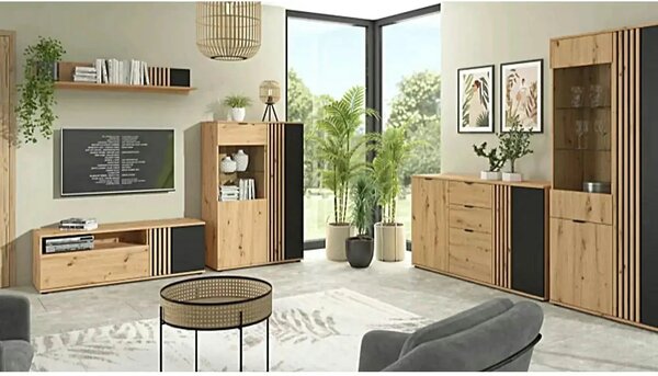 Vitrina VABRES, stejar artisan/negru mat, PAL laminat/sticla, 91x40x13