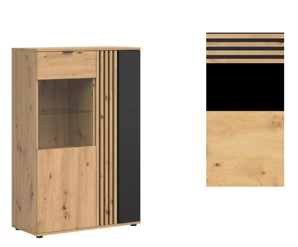 Vitrina VABRES, stejar artisan/negru mat, PAL laminat/sticla, 91x40x13