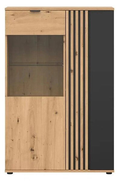 Vitrina VABRES, stejar artisan/negru mat, PAL laminat/sticla, 91x40x13